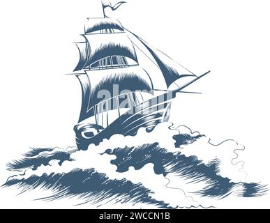 Voilier vintage esquissé en tempête Illustration de Vecteur