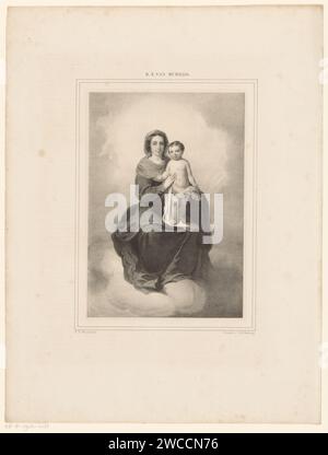 Maria avec enfant, Franciscus Bernardus Waanders, d'après Bartolomé Esteban Murillo, 1847 print Maria, assise sur les nuages, tient l'enfant Christ des deux mains, qui se tient sur ses genoux. Le journal de la Haye. Madonna : c'est-à-dire Marie avec le Christ-enfant Banque D'Images