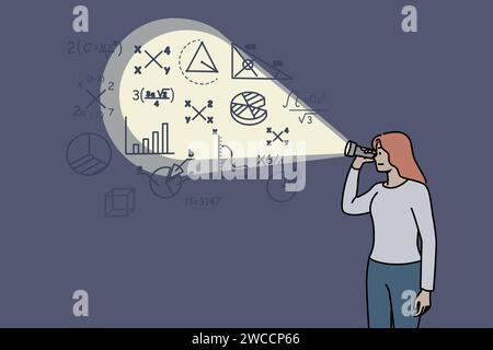 Femme regarde les formules mathématiques sur le mur en utilisant une lampe de poche se préparant à entrer au collège ou à l'université. Fille voit de mystérieux dessins mathématiques étudiant l'algèbre ou l'audit économique. Illustration de Vecteur