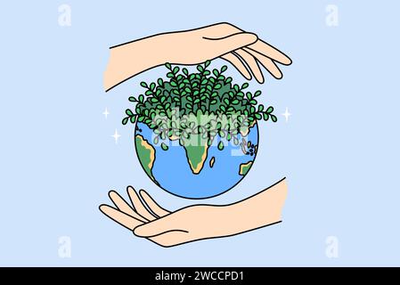 Planète terre et mains des gens, soucieux de préserver l'environnement ou l'écologie de la diversité provoquant la croissance des plantes. Concept de journée écologie pour réduire les émissions de CO2 et lutter contre le changement climatique Illustration de Vecteur