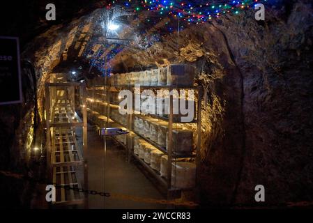 © 2023 John Angerson fromage Cheddar vieilli dans les grottes de Wookey Hole, Somerset, Royaume-Uni Banque D'Images