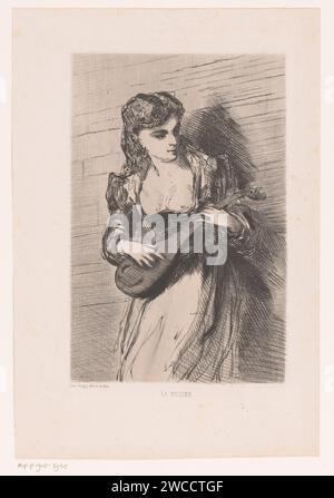 Gilline avec luth, Louis Jaurbey, 1869 estampe Jeune femme nommée Gilline avec luth. Gravure sur papier Paris adolescente, jeune femme, jeune fille. luth, et formes spéciales de luth, par exemple : theorbo Banque D'Images