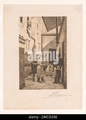 Quatre personnages jouent un jeu avec des bouchons dans une ruelle, Josué Dupon, 1887 gravures sur papier gravant des jeux et des jeux pour enfants. lane, alley Banque D'Images