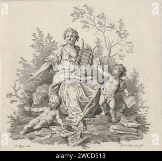 Erato, Muze van de Lyriek, Noah van der Meer (II), après Jacobus Buys, 1751 - 1822 print Erato, la muse du lyrisme et de la poésie amoureuse, s'assit avec un treuil à la main. A ses pieds deux putti avec des lettres et des papiers. Amsterdam papier gravure Erato (une des Muses) ; 'Erato' (Ripa). Représentations symboliques, allégories et emblèmes  poésie lyrique ; 'Poema lirico' (Ripa) Banque D'Images