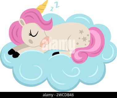 licorne vecteur avec corne jaune et crinière rose. Animal fantastique dormant sur le nuage bleu. Personnage de cheval de conte de fées pour les enfants. Icône de créature magique de dessin animé Illustration de Vecteur