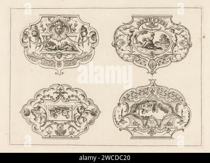 Couvercles avec figures dans les paysages, anonyme, d'après Jean Mariette, 1670 - 1725 imprimer quatre couvercles de boîtes à tabac. En haut à gauche avec masques et putti. En haut à droite avec des demi-figures et une femme sur le dos d'un homme. A gauche ci-dessous avec des femmes et deux putti. En bas à droite avec des guirlandes et un jeune homme avec un vase. Boîte à snuff de gravure de papier d'Allemagne. paysages (+ paysage avec figures, personnel) Banque D'Images