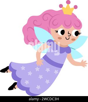 Icône de fée vectorielle. Sorcière volante fantastique avec cheveux roses et couronne. Personnage de conte de fées en robe violette avec des étoiles. Princesse magique de dessin animé avec des ailes Illustration de Vecteur