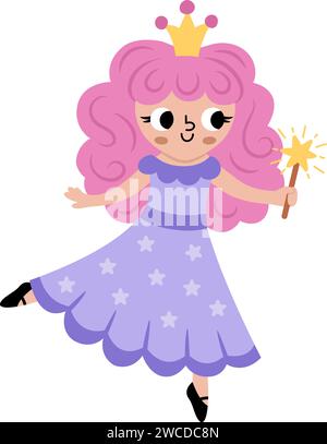 Icône de fée vectorielle. Sorcière fantastique avec baguette magique, cheveux roses et couronne. Personnage de conte de fées en robe violette avec des étoiles. Princesse magique de dessin animé isola Illustration de Vecteur