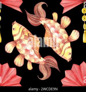 Motif sans couture sur le thème du nouvel an chinois 2024. Lanternes en papier et carpes en couleurs rouge et jaune dessinées à la main à l'aquarelle Banque D'Images
