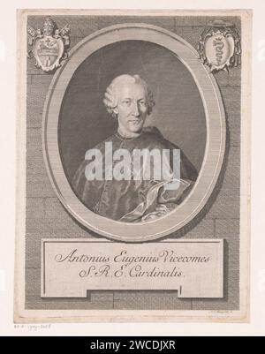 Portrait van Antonio Eugenio Visconti, Johann Ernst Mansfeld, 1771 - 1796 tirage Portrait du cardinal Antonio Eugenio Visconti. En haut à gauche l'arme du pape Clemens XIV gravure sur papier / gravure de personnes historiques. cardinal. armoiries (comme symbole de l'état, etc.) Banque D'Images