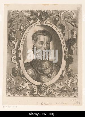 Portrait d'Alexandre Farnèse, duc de Parme, Niccolò Nelli, 1569 Imprimer Un portrait d'Alexandre Farnèse avec la chaîne de l'ordre de la Toison d'or, pris dans un ovale entouré de motifs décoratifs maniéristes. Numéroté au milieu : XI/ folio. 529. Gravure sur papier de Venise / gravure personnes historiques. ornement dérivé de formes animales. fruits et légumes  ornement. Ordre de chevalerie de la Toison d'or - insigne d'un ordre de chevalerie, par exemple : badge, chaîne (avec NOM de l'ordre) Banque D'Images