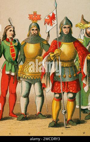 Histoire de l'Allemagne. Moyen âge. 1400-1450. De gauche à droite, 12 : Nobleman, 13-14, knights, 15 : Nobleman. Chromolithographie. Historia Universal', de César Cantú. Volume VII, 1881. Banque D'Images