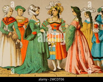 Histoire de l'Allemagne. 1500-1550. Robes de femmes de différentes classes sociales. Chromolithographie. Historia Universal', de César Cantú. Volume VII, 1881. Banque D'Images