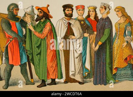 Histoire de l'Allemagne. Moyen âge. 1200. De gauche à droite, chevalier, juif, chevalier de l ' ordre teutonique et noble. Chromolithographie. Historia Universal', de César Cantú. Volume X, 1881. Banque D'Images