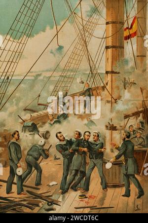 Guerre hispano-sud-américaine. Bataille de Callao (2 mai 1866). Confrontation dans le port péruvien de Callao entre la flotte espagnole, sous le commandement de l'amiral Casto Méndez Núñez (1824-1869), et les emplacements fortifiés de batteries péruviennes qui défendaient le port. Casto Méndez Núñez blessé au cours de la bataille. Chromolithographie. Historia Universal', de César Cantú. Volume X, 1881. Banque D'Images