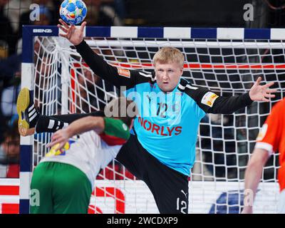 Denmarks Emil Nielsen lors du match masculin de l'EHF Euro 2024 entre le Danemark et le Portugal à l'Olympiahalle à Munich, en Allemagne, le lundi 15 janvier 2024 Banque D'Images