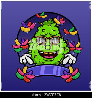 Saveur Jelly Bean avec Weed Mascot Cartoon. Weed Design pour logo, étiquette et produit d'emballage. Vector et Illustration. Illustration de Vecteur