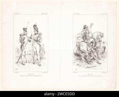 Deux représentations avec des fantassins de la Garde impériale et le roi Clovis à cheval, Victor Adam, 1830 - 1880 impriment à gauche un grenadier et un fuselier de la garde impériale. Sur la droite, le roi Clovis à cheval pendant la bataille de Tolbiac, appelant le Dieu de sa femme Clothildis. Papier de Paris le soldat ; la vie du soldat. bataille. conversion et croyance Banque D'Images