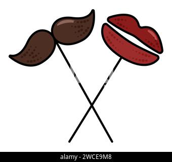 Deux masques de mascarade sur les bâtons, les lèvres et la moustache, attribut de vecteur de couleur du costume de carnaval masculin et féminin Illustration de Vecteur