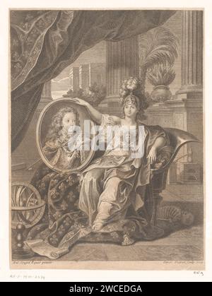 Minerve avec le portrait du jeune Louis XV de France, Charles Dupuis, d'après Antoine Coylel, d'après Hyacinthe Rigaud, 1719 estampe papier gravure / gravure de personnages historiques. (Histoire de) Minerve (Pallas, Athéna). squelette (humain) Banque D'Images