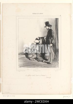 Couple aide deux enfants qui dorment dans la rue, Paul Gavarni, 1840 imprimer la femme s'abaisse pour mettre une aumône dans la poche de la fille endormie. Papier de Paris dormant sur le sol - BB - hors des portes. regarder un enfant endormi. donner aumônes ou autre charité, par exemple : distribuer de la nourriture. nuit Banque D'Images