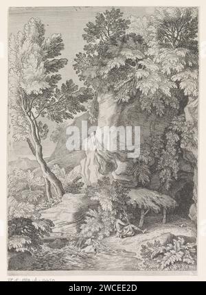 Jean le Baptiste dans de Wildernis, Anonyme, 1600 - 1700 imprimer Jean le Baptiste est assis avec une croix dans ses mains sous des rochers près d'un ruisseau. Papier gravure de Jean le Baptiste dans le désert, généralement accompagné d'un agneau Banque D'Images
