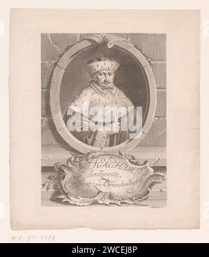 Portrait de Joachim II Hector, électeur de Brandebourg, Johann David Schleuen (I), 1721 - 1771 impression papier gravure / gravure de personnages historiques. insignes et symboles de souveraineté (couronne, diadème, sceptre, orbe, sceau, standard, cape, pectoral) Banque D'Images