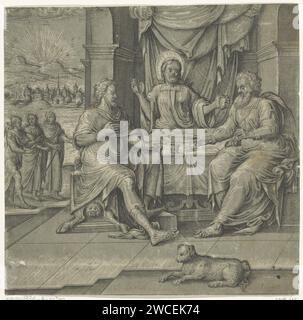 Repas à Emmaus, Anonyme, d'après Frans Floris (I), d'après Chrispijn van den Broeck, c. 1570 imprimer Christ est assis à table avec les Emmausgoers et casse le pain. Il y a un chien au premier plan. En arrière-plan, Christ marche avec les deux disciples vers Emmaus. Papier d'Anvers mordant le souper à Emmaus : Christ est reconnu en bénissant ou en cassant le pain Banque D'Images