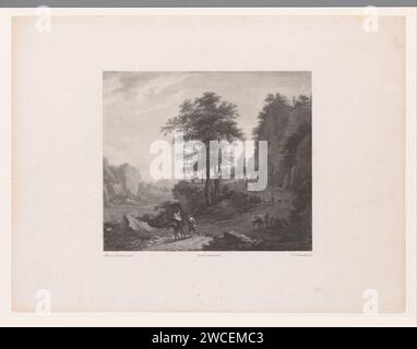 Figures dans le paysage de Berg, Adolf Carel Nunnink, d'après Jan Wils (dessinateur), d'après Nicolaes Pietersz Berchem, 1833 - 1869 imprimer Paysage de montagne avec une vallée avec une rivière à gauche et à droite une route en montée sur laquelle des figures avec des animaux marchent. Le journal de la Haye. montagnes (+ paysage avec figures, personnel) Banque D'Images