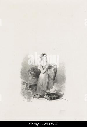 Jeune femme avec une harpe, Willem Frederik Wehmeyer, d'après Herman Frederik Carel ten Kate, 1837 - 1854 imprimer Une jeune femme en robe de mariée tient une harpe et regarde un papillon. Devant elle se trouve une épée sur un livre à côté d'une couronne. Derrière elle un serpent et un monstre sont exposés. Amsterdam (éventuellement) gravure sur papier / gravure adolescent, jeune femme, jeune fille. mariée (en robe de mariée). insectes : papillon. livre. hacking et propulser des armes : épée. couronne d'épines  instruments de la passion. serpents. harpe. animaux déformés ; monstres Banque D'Images