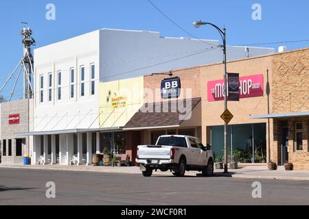 Fleuriste, drugstore et salon de coiffure dans le centre-ville d'Akron Colorado - juin 2023 Banque D'Images