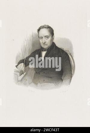 Portrait de Hendrik Tollens, Willem Frederik Wehmeyer, d'après Adrianus Johannes Ehnle, 1834 - 1856 tirage Portrait de Hendrik Tollens, poète. Il est assis sur une chaise devant un rideau et tient des ustensiles d'écriture dans sa main droite. Son bras droit repose sur un livre ouvert. Amsterdam (éventuellement) gravure sur papier / gravure de personnes historiques. homme adulte. chaise Banque D'Images