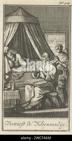 Figures de prière sur le lit d'une personne malade, Jan Luyken, 1693 imprimer Imprimer en haut à droite marqué : fol. 409. Imprimeur : Amsterdampublisher : Rotterdam papier gravure / impression typographique visitant le malade ; malade avec d'autres. une personne priant Banque D'Images