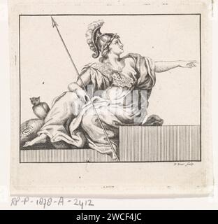 Minerva, Pieter Yver, 1722 - 1787 imprimer Minerva avec sa lance à la main et le bouclier et le hibou à côté d'elle. Amsterdam gravure sur papier (histoire de) Minerva (Pallas, Athéna). Attributs de Minerva : owl Banque D'Images