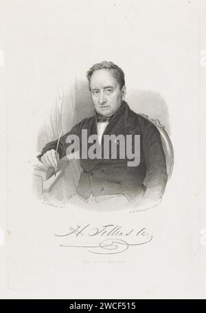 Portrait de Hendrik Tollens, Willem Frederik Wehmeyer, d'après Adrianus Johannes Ehnle, 1834 - 1856 tirage Portrait de Hendrik Tollens, poète. Il est assis sur une chaise devant un rideau et tient des ustensiles d'écriture dans sa main droite. Son bras droit repose sur un livre ouvert. Sous la représentation se trouve la signature de la personne représentée. Imprimeur : Amsterdam (éventuellement)éditeur : Haarlem gravure sur papier / gravure personnes historiques. homme adulte. chaise Banque D'Images