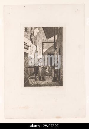 Quatre personnages jouent un jeu avec des bouchons dans une ruelle, Josué Dupon, 1887 gravures sur papier gravant des jeux et des jeux pour enfants. lane, alley Banque D'Images