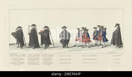 WILLEM IV, 1752, planche 24, 1753 supports d'impression avec stadholder Insignia conséquence par un groupe de pages. Dans la marge la légende en néerlandais, français et anglais. Partie d'une série de 41 planches de la procession funéraire du Stadholder Guillaume IV à Delft le 4 février 1752. Numéroté en haut à droite : 24. Nord des pays-Bas gravure sur papier / gravure cortège, procession funéraire. insignes et symboles de souveraineté (couronne, diadème, sceptre, orbe, sceau, standard, cape, pectoral). Page  court Delft Banque D'Images