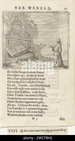 Homme debout sur une tombe excavée, Arnold Houbraken, 1682 impression Un homme debout sur une tombe excavée sur laquelle un vase classique et deux crânes. Imprimer à partir d'un livre dans lequel 36 impressions avec des phrases. Imprimé utilisé dans : F. van Hoogstraten, l'école du monde, 1682. Nord des pays-Bas gravure sur papier / typographie gravure pierre tombale, pierre tombale Banque D'Images