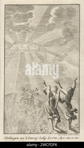 Engel montre Johannes Het Nieuwe Jerusalem, Jan Luyken, 1681 imprimer Amsterdam papier gravure un ange montre Jean le Nouveau Jérusalem (céleste) descendant du ciel ; parfois Christ est montré conduisant ses agneaux à la ville Banque D'Images