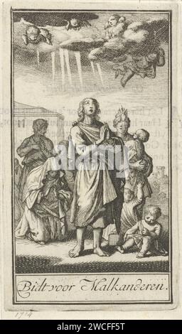 Figures in Prayer, Jan Luyken, imprimeur 1714 : Amsterdampublisher : Rotterdam paper graving / letterpress printing angels. une personne priant Banque D'Images