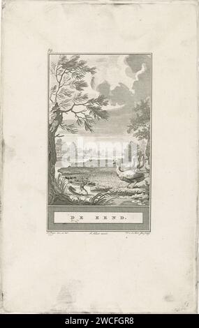 Canard et de Gans, Noah van der Meer (II), après Jacobus achète, 1778 - 1785 imprimer Un canard nage dans un fossé et regarde une oie sur le côté. Il y a quatre oies derrière l'oie. A droite un saule pollard. Amsterdam papier gravure d'eau-oiseaux : canard. oiseaux aquatiques : oie. petit canal, fossé. arbres : saule Banque D'Images