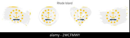 Jeu d'icônes de drapeau de style grunge dessiné à la main Rhode Island. Bannière de l'état AMÉRICAIN dans les couleurs officielles. Forme de trait de pinceau libre, cercle et en forme de coeur. Vecteur plat Illustration de Vecteur