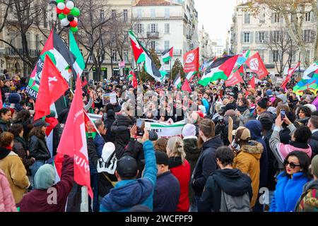 Marseille, France. 14 janvier 2024. Les manifestants brandissent des drapeaux palestiniens lors de la marche de solidarité avec Gaza. 2 500 manifestants selon la police ont manifesté dans les rues de Marseille, de la place d'Aix à la Préfecture de police, en soutien au peuple palestinien. (Photo Denis Thaust/SOPA Images/Sipa USA) crédit : SIPA USA/Alamy Live News Banque D'Images