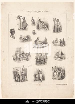 Quinze représentations de la vie quotidienne avec diverses figures humaines et animales, Victor Adam, imprimeur 1832 : Parisprinter : Parispublisher : Parispublisher : London paper water-birds : swan. oiseaux d'ornement : perroquet. chien. le soldat ; la vie du soldat. couple d'amoureux. bureau, bureau. dormir au lit Banque D'Images