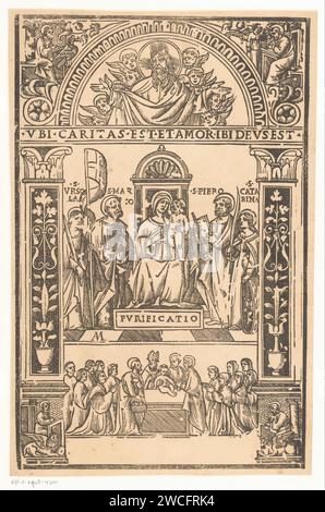 Maria avec l'enfant et les saints, monogrammiste Am (imprimeur 16e siècle), 1500 - 1599 imprimer le jeu de Marie avec l'enfant Christ, avec les saints Ursula et Marcus à gauche et les saints Pierre et Catharina à droite. Au fond de la circoncision du Christ et dans les coins les quatre évangélistes. Italie (éventuellement) papier 'Sacra Conversazione'. La vierge martyr Ursula de Cologne ; attributs possibles : flèche, bannière avec croix rouge, manteau d'hermine, couronne, navire. Mark (Marcus) l'évangéliste, et évêque d'Alexandrie ; attributs possibles : livre, lion (ailé), plume et corne d'encre, parchemin. t Banque D'Images