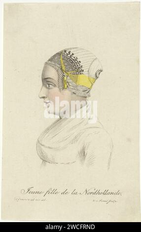 Buste d'une fille dans les costumes traditionnels B, Willem van Senus, d'après Hendrik Greeven, 1824 impression papier néerlandais gravure costume folklorique, costume régional Banque D'Images