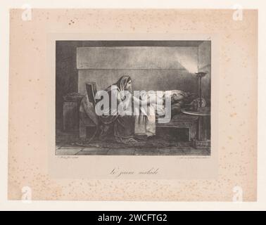 Femme assise à côté d'un jeune homme malade au lit, Ary Scheffer, 1829 - 1839 imprimer Un jeune homme malade au lit. Avec lui une femme est assise sur une chaise tenant sa main. Sur la droite une lampe à huile brûlante et une table avec deux cruches. Papier de Paris. visiter le malade ; malade avec d'autres Banque D'Images