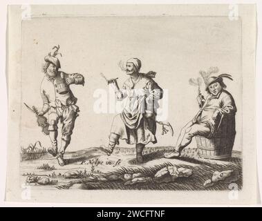 Dansant fermier et femme de fermier et un homme sur une tonne, Anonyme, d'après Pieter Nolpe, d'après Pieter Jansz Quast, 1623 - 1703 imprimer Un fermier et la femme d'un fermier dansent côte à côte dans l'herbe. Le fermier tient une tasse dans une main et un violon dans l'autre. La femme du fermier fume une pipe et a un tas de clés et un couteau accrochés à son tapis. A droite, un homme est assis sur une tonne utilisée comme chaise. Amsterdam graveur de papier fermiers. dansant. pipe  tabac. violon, violon. conteneur en bois : tonneau, fût, seau Banque D'Images