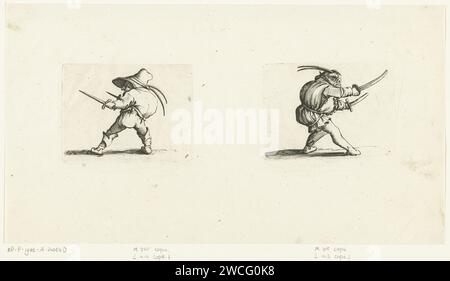 Nain avec deux poignards ; figure grotesque avec deux épées, Abraham bosse, d'après Jacques Callot, 1621 - 1676 impression à gauche : nain, plus ou moins à gauche, avec un racheté, un chapeau avec deux plumes sur la tête, dans la main droite et un poignard dans la main gauche. Droite : figure grotesque, vue à droite, avec un racheté, un chapeau avec deux plumes sur la tête, dans la main droite et une épée dans la main gauche. Ces deux estampes, imprimées sur 1 feuilles côte à côte, font partie d'une série de 21 estampes (imprimées sur 11 feuilles, donc à l'exception de l'estampe-titre toujours 2 planches par feuille) avec grotesque Banque D'Images