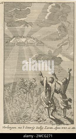 Engel montre Johannes Het Nieuwe Jerusalem, Anonymous, d'après Jan Luyken, 1720 gravure sur papier un ange montre Jean le Nouveau Jérusalem (céleste) descendant du ciel ; parfois Christ est montré conduisant ses agneaux à la ville Banque D'Images